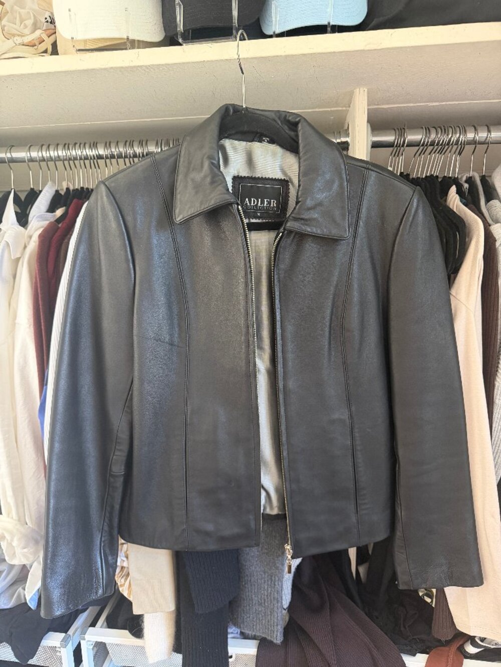 Adler Collection - Black Leather Lamb Skin Zip Up Vintage Moto Jacket - Size M